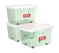 Cetomo 55L*3 Scatole di Stoccaggio con Coperchi, Contenitori in Plastica con Ruote, Clip On, Impilabili, Incastonabili, Organizzatore a Righe per Casa Ufficio, Verde Chiaro, 55L-3 Pezzi