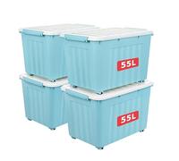Cetomo 55L*4 Scatole di Stoccaggio con Coperchi, Contenitori in Plastica con Ruote, Clip On, Impilabili, Incastonabili, Organizzatore a Righe per Casa Ufficio, Blu, 55L-4 Pezzi