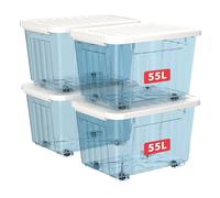 Cetomo 55L*4 Scatole di Stoccaggio con Coperchi, Contenitori in Plastica con Ruote, Clip On, Impilabili, Incastonabili, Organizzatore a Righe per Casa Ufficio, Blu Chiaro, 55L-4 Pezzi