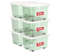 Cetomo 55L*6 Scatole di Stoccaggio con Coperchi, Contenitori in Plastica con Ruote, Clip On, Impilabili, Incastonabili, Organizzatore a Righe per Casa Ufficio, Verde Chiaro, 55L-6 Pezzi