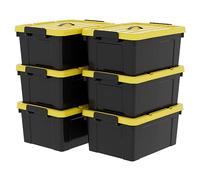 Cetomo 6 scatole portaoggetti in plastica da 35 l con coperchi, maniglia e fibbie a scatto, per attrezzi all'aperto, giardino, garage, casa, durevole, resistente, impilabile, impilabile, nero e