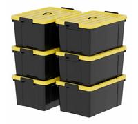 Cetomo 65 L x 6 scatole portaoggetti in plastica con coperchi, maniglia e fibbie a scatto per attrezzi da giardino, garage, casa, durevole, resistente, impilabile, impilabile, nero e giallo, 65 l