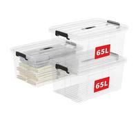 Cetomo 65L*3 Scatole di Stoccaggio in Plastica, Scatole Portaoggetti con Coperchio, Organizzatore con Manico, Contenitori per Casa e Ufficio, Impilabile, Resistente, Trasparente, 65L - Confezione da 3