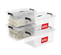 Cetomo 65L*4 Scatole di Stoccaggio in Plastica, Scatole Portaoggetti con Coperchio, Organizzatore con Manico, Contenitori per Casa e Ufficio, Impilabile, Resistente, Trasparente, 65L - Confezione da 4