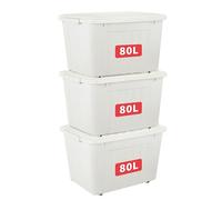 Cetomo 80L*3 Scatole di Stoccaggio con Coperchi, Contenitori in Plastica con Ruote, Clip On, Impilabili, Incastonabili, Organizzatore a Righe per Casa Ufficio, Bianco, 80L-3 Pezzi