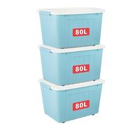 Cetomo 80L*3 Scatole di Stoccaggio con Coperchi, Contenitori in Plastica con Ruote, Clip On, Impilabili, Incastonabili, Organizzatore a Righe per Casa Ufficio, Blu, 80L-3 Pezzi