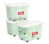 Cetomo 80L*3 Scatole di Stoccaggio con Coperchi, Contenitori in Plastica con Ruote, Clip On, Impilabili, Incastonabili, Organizzatore a Righe per Casa Ufficio, Verde Chiaro, 80L-3 Pezzi