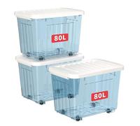 Cetomo 80L*3 Scatole di Stoccaggio con Coperchi, Contenitori in Plastica con Ruote, Clip On, Impilabili, Incastonabili, Organizzatore a Righe per Casa Ufficio, Blu Chiaro, 80L-3 Pezzi