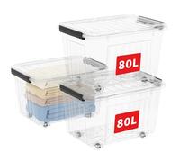 Cetomo 80L*3 Scatole di Stoccaggio con Coperchi, Contenitori in Plastica con Ruote, Clip On, Impilabili, Incastonabili, Organizzatore a Righe per Casa Ufficio, Trasparente, 80L-3 Pezzi
