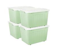 Cetomo 80L*4 Scatole di Stoccaggio con Coperchi, Contenitori in Plastica con Ruote, Clip On, Impilabili, Incastonabili, Organizzatore a Righe per Casa Ufficio, Verde, 80L-4 Pezzi