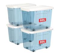 Cetomo 80L*4 Scatole di Stoccaggio con Coperchi, Contenitori in Plastica con Ruote, Clip On, Impilabili, Incastonabili, Organizzatore a Righe per Casa Ufficio, Blu Chiaro, 80L-4 Pezzi