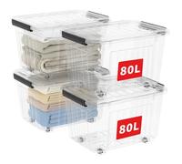 Cetomo 80L*4 Scatole di Stoccaggio con Coperchi, Contenitori in Plastica con Ruote, Clip On, Impilabili, Incastonabili, Organizzatore a Righe per Casa Ufficio, Trasparente, 80L-4 Pezzi