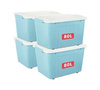 Cetomo 80L*4 Scatole di Stoccaggio con Coperchi, Contenitori in Plastica con Ruote, Clip On, Impilabili, Incastonabili, Organizzatore a Righe per Casa Ufficio, Blu, 80L-4 Pezzi