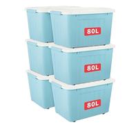 Cetomo 80L*6 Scatole di Stoccaggio con Coperchi, Contenitori in Plastica con Ruote, Clip On, Impilabili, Incastonabili, Organizzatore a Righe per Casa Ufficio, Blu, 80L-6 Pezzi