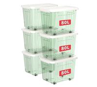 Cetomo 80L*6 Scatole di Stoccaggio con Coperchi, Contenitori in Plastica con Ruote, Clip On, Impilabili, Incastonabili, Organizzatore a Righe per Casa Ufficio, Verde Chiaro, 80L-6 Pezzi
