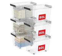 Cetomo 80L*6 Scatole di Stoccaggio con Coperchi, Contenitori in Plastica con Ruote, Clip On, Impilabili, Incastonabili, Organizzatore a Righe per Casa Ufficio, Trasparente, 80L-6 Pezzi
