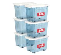 Cetomo 80L*6 Scatole di Stoccaggio con Coperchi, Contenitori in Plastica con Ruote, Clip On, Impilabili, Incastonabili, Organizzatore a Righe per Casa Ufficio, Blu Chiaro, 80L-6 Pezzi