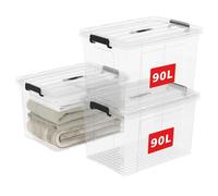 Cetomo 90L*3 Scatole di Stoccaggio in Plastica, Scatole Portaoggetti con Coperchio, Organizzatore con Manico, Contenitori per Casa e Ufficio, Impilabile, Resistente, Trasparente, 90L - Confezione da 3