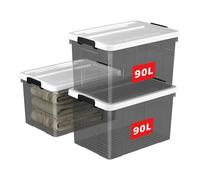 Cetomo 90L*3 Scatole di Stoccaggio in Plastica, Scatole Portaoggetti con Coperchio, Organizzatore, Contenitori per Casa e Ufficio, Impilabile, Resistente, Nero Chiaro, 90L - Confezione da 3