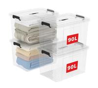 Cetomo 90L*4 Scatole di Stoccaggio in Plastica, Scatole Portaoggetti con Coperchio, Organizzatore con Manico, Contenitori per Casa e Ufficio, Impilabile, Resistente, Trasparente, 90L - Confezione da 4