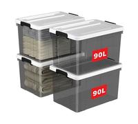 Cetomo 90L*4 Scatole di Stoccaggio in Plastica, Scatole Portaoggetti con Coperchio, Organizzatore, Contenitori per Casa e Ufficio, Impilabile, Resistente, Nero Chiaro, 90L - Confezione da 4