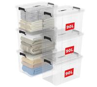 Cetomo 90L*6 Scatole di Stoccaggio in Plastica, Scatole Portaoggetti con Coperchio, Organizzatore con Manico, Contenitori per Casa e Ufficio, Impilabile, Resistente, Trasparente, 90L - Confezione da 6