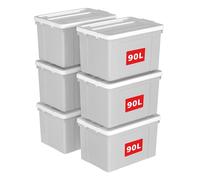 Cetomo 90L*6 Scatole di Stoccaggio in Plastica, Scatole Portaoggetti con Coperchio, Organizzatore con Ruote, Contenitori per Casa e Ufficio, Impilabile, Resistente, Grigio, 90L - Confezione da 6