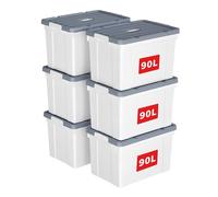 Cetomo 90L*6 Scatole di Stoccaggio in Plastica, Scatole Portaoggetti con Coperchio, Organizzatore con Manico, Contenitori per Casa e Ufficio, Impilabile, Resistente, Bianco, 90L - Confezione da 6
