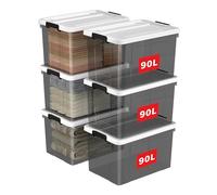 Cetomo 90L*6 Scatole di Stoccaggio in Plastica, Scatole Portaoggetti con Coperchio, Organizzatore, Contenitori per Casa e Ufficio, Impilabile, Resistente, Nero Chiaro, 90L - Confezione da 6