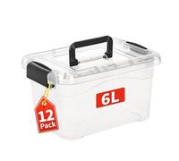 Cetomo Confezione da 12 scatole portaoggetti con coperchi e manico, per casa, dormitorio, ufficio, contenitori impilabili, in plastica, trasparenti, confezione da 12