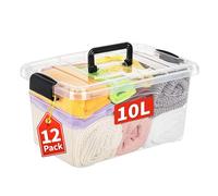 Cetomo Confezione da 12 scatole portaoggetti con coperchi e manico, per casa, dormitorio, ufficio, impilabili, in plastica, trasparenti, confezione da 12 pezzi