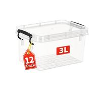 Cetomo Scatole portaoggetti in plastica, piccole scatole portaoggetti con coperchio, senza fronzoli, impilabili, trasparenti, 3 l, confezione da 12