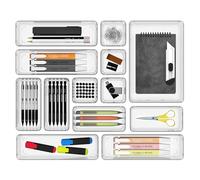 Cetomo Set di 14 organizer per cassetti, organizer in plastica, divisori per cassetti, regolabili ed espandibili, vassoio per utensili da cucina, cosmetici, trucchi, gadget, trasparente, 4 dimensioni,