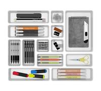 Cetomo Set di 14 organizer per cassetti, organizer in plastica, divisori per cassetti, regolabili ed espandibili, vassoio per utensili da cucina, cosmetici, trucchi, gadget, bianco, 4 dimensioni,