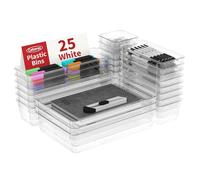 Cetomo Set di 25 organizer per cassetti, divisori in plastica, regolabili ed espandibili, contenitori per utensili da cucina, cosmetici, trucchi, gadget, trasparenti, 4 dimensioni, confezione da 25
