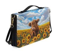 Ceudet Borsa Bibbia grande custodia per donne e ragazze, custodia in pelle PU per il trasporto della Bibbia con tracolla, Girasole della mucca delle Highland - multicolore, XL
