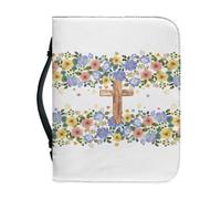 Ceudet Copertine per Bibbia da donna in pelle PU con manico e cerniera, custodia per Bibbia per ragazze, croce fiori e farfalle, M, Croce e Fiori, L