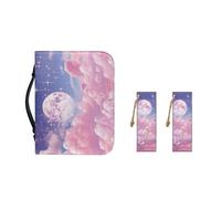 Ceudet Custodia in pelle PU con segnalibri, per donne e ragazze, portatile, alla moda, Romantico cielo luna rosa, L-10.2"x7"x1.9"
