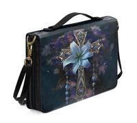 Ceudet Custodia per bibbia con farfalla, da donna, in pelle, per il trasporto della Bibbia, con manico a tracolla, blu, taglia XL, Croce con giglio-nero e blu, M