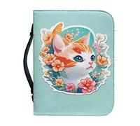 Ceudet Custodia per Bibbia con stampa floreale blu per donne e uomini, in pelle PU, borsa per la Bibbia con manico, borsa per bibbia con cerniera, per forniture per studio biblico, M, Simpatico gatto
