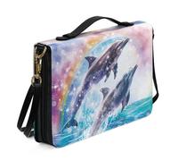 Ceudet Custodia per Bibbia occidentale per donne e uomini, con tasche, protezione per la Bibbia, in pelle, per donne e uomini, grande, Delfini arcobaleno01, x-large