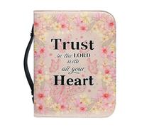 Ceudet Custodia per Bibbia per donne e uomini, custodia in pelle per il trasporto della Bibbia per chiesa, scuola, viaggi, protezione alla moda con manico, Corona di fiori rosa farfalla versi biblici,