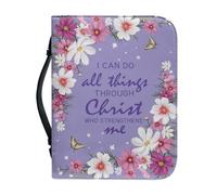 Ceudet Custodia per Bibbia per donne e uomini, custodia in pelle per il trasporto della Bibbia per chiesa, scuola, viaggi, protezione alla moda con manico, Verso della Bibbia con fiori bianchi e