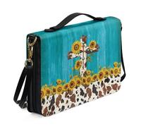 Ceudet Custodia per il trasporto della Bibbia da donna, in pelle PU, impermeabile, con tracolla, Croce Girasole Mucca Stampa-blu, M