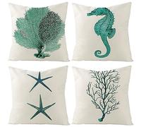 CEVAN Lino Federa Cuscini Letto Matrimoniale Copricuscino Divano Elasticizzato Stella Marina Corallina del Cavalluccio Marino Copricuscini Decorativi per Verde Acqua 50x50cm,4Pcs