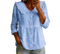 CEWIFO Camicetta Donna Manica Lunga Camicia Casual Ampia per Donne - con Colletto in Lino Stile Essenziale Bottoni Frontali Perfetta Daily e Break Autunnali (Light Blue, M)