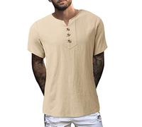 CEWIFO Camicia a Maniche Corte Uomo Classiche Quadri Facile Stiro Manica Corta 5XL Senza Colletto Maglietta Dimagrante Trend T-Shirt Azzurra