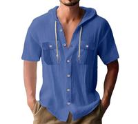 CEWIFO Camicia Uomo con Cappuccio Elegante Camicie di Lino Autunno Maglietta Manica Corta 4XL Cotone Collo Slim Fit in Stile Bohemien Hippy T-Shirt Nero 6