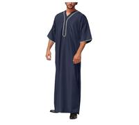 CEWIFO Camicie Uomo Cotone Maniche Lunghe Leggero Autunno Camicia Manica Lunga Ricamata Cotone Elegante Tunica Mediorientale Abbigliamento Preghiera (Navy, XXXL)
