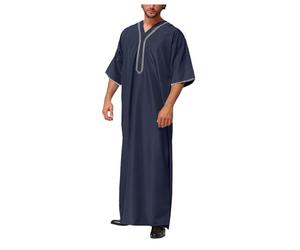 CEWIFO Camicie Uomo Cotone Maniche Lunghe Leggero Autunno Camicia Manica Lunga Ricamata Cotone Elegante Tunica Mediorientale Abbigliamento Preghiera (Navy, XXXL)